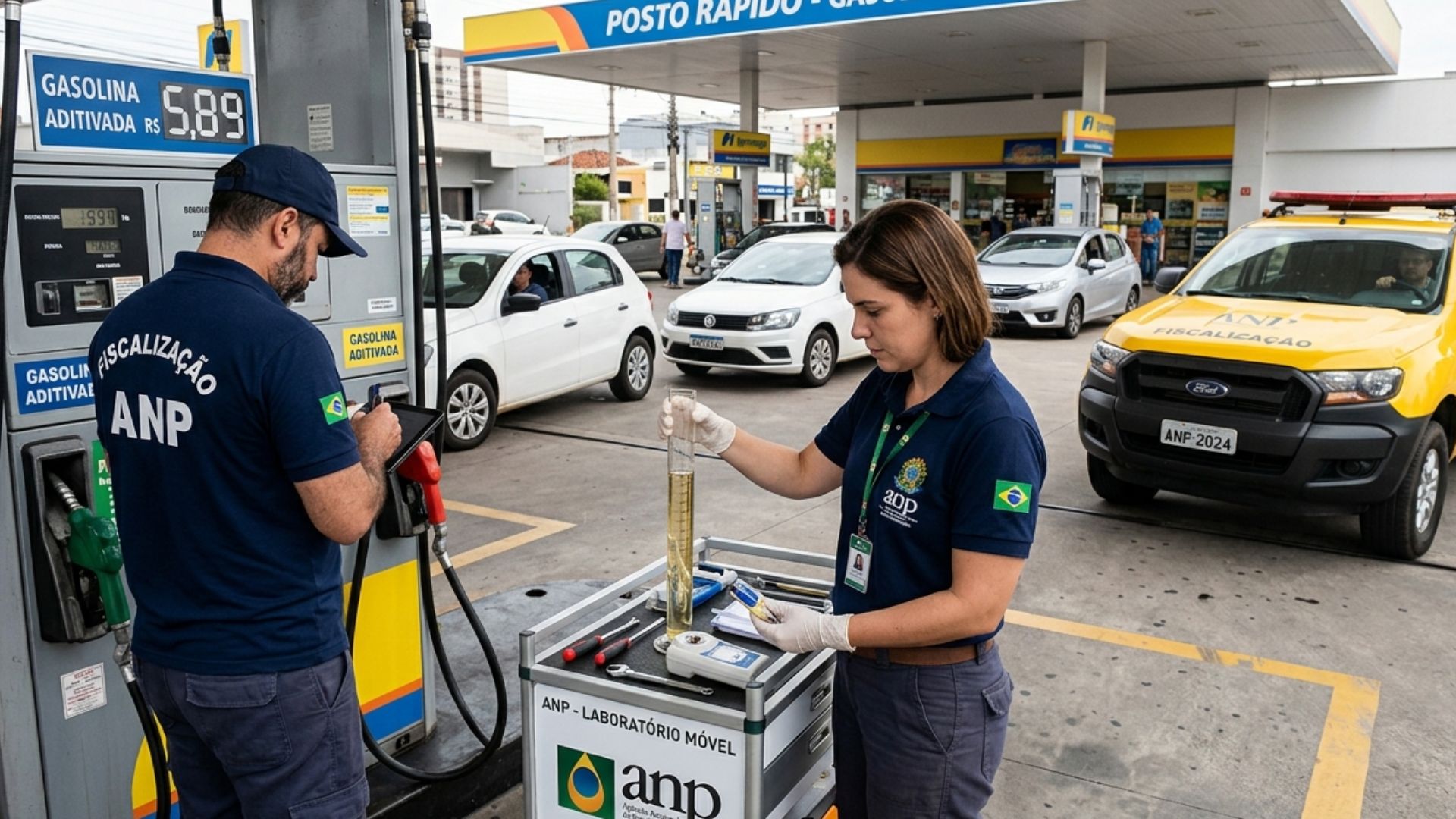 Fiscais da ANP realizam fiscalização em posto de combustíveis, analisando amostra de gasolina em laboratório móvel durante operação de controle de qualidade e preços