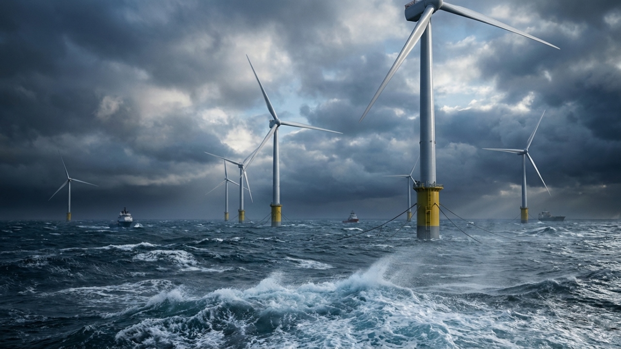 Parque eólico offshore com turbinas instaladas no mar em meio a ondas agitadas e céu nublado.