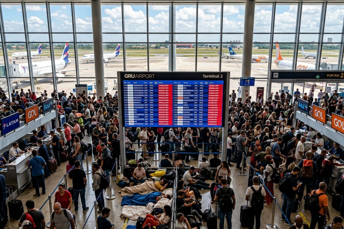Fumaça no controle aéreo trava Guarulhos e Congonhas, cancela voos e espalha atrasos pelo Brasil; com malha apertada, efeito cascata deixa gente dormindo no aeroporto