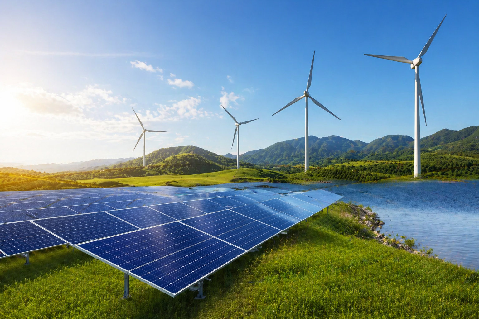 Painéis solares e turbinas eólicas em paisagem verde sob céu azul