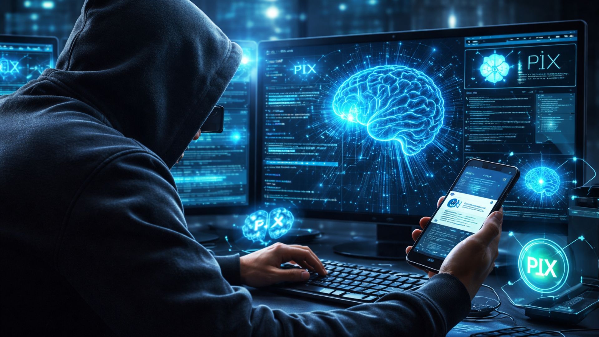 Hacker utilizando computador em ambiente escuro com telas exibindo inteligência artificial e sistema Pix, representando golpes digitais sofisticados com uso de tecnologia avançada