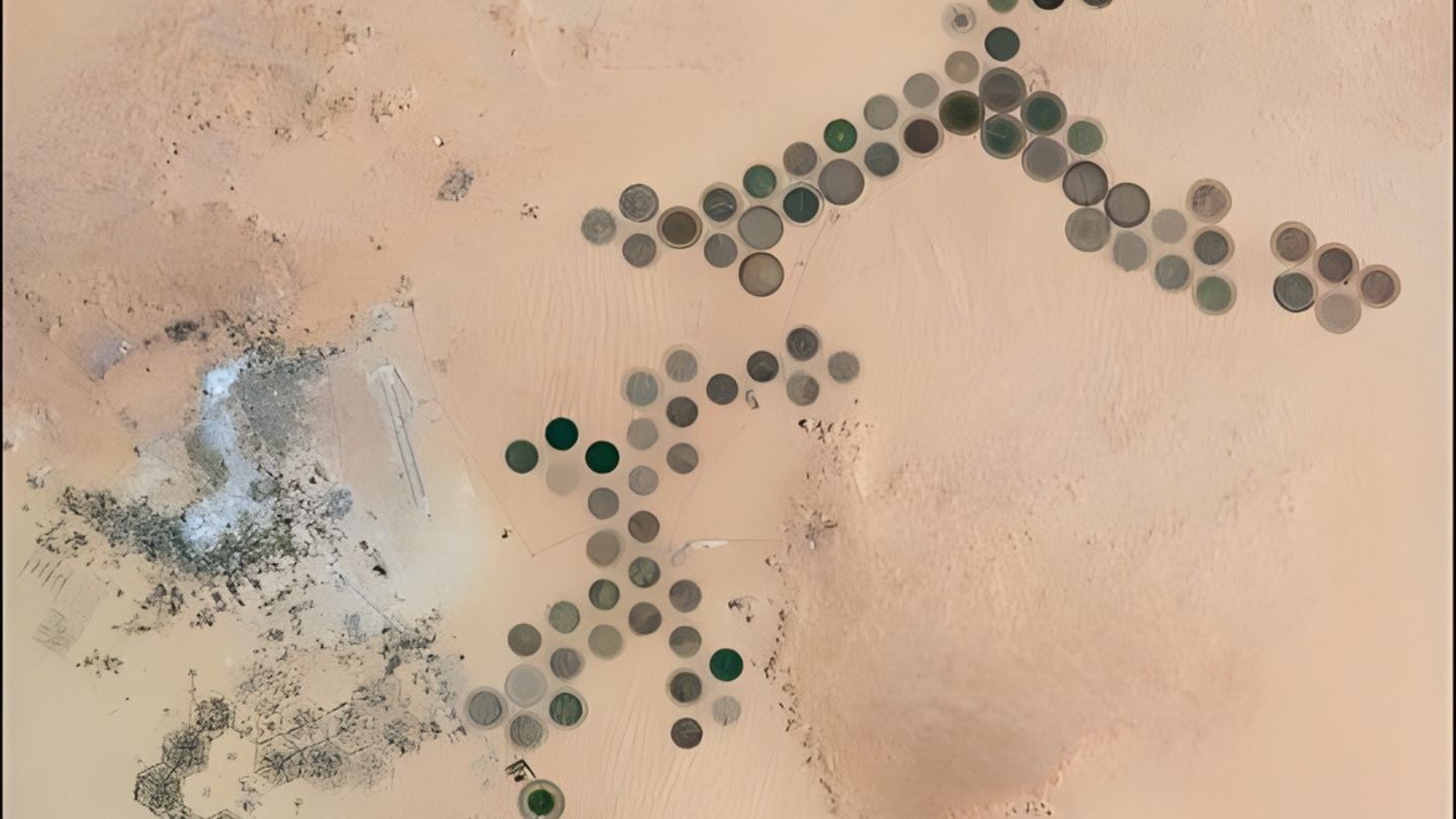 No meio de uma das regiões mais áridas do planeta, círculos de até 1 km surgem no sudeste da Líbia como marcas visíveis do espaço e revelam fazendas gigantes que bombeiam água fóssil escondida sob o deserto há milhares de anos