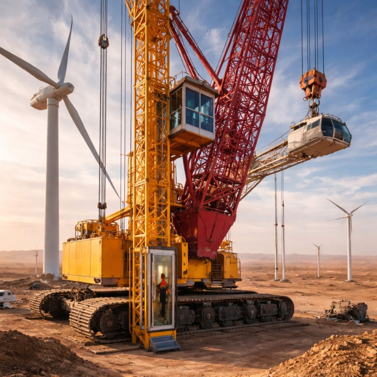 O guindaste de 4.000 toneladas da Zoomlion viajou 2.000 km até o deserto de Gobi na China para erguer turbinas eólicas a 186 metros. A máquina tem até elevador.