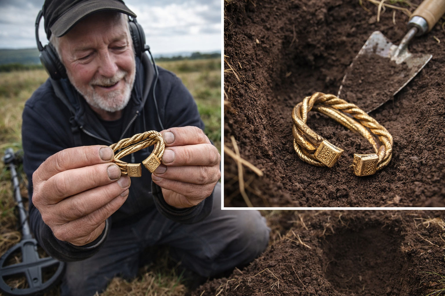 Depois de 50 anos vasculhando campos com detector de metais, homem encontra na Ilha de Man uma braçadeira viking de ouro com 27,26 gramas feita com 8 fios trançados e enterrada há mais de 1.000 anos, peça rara dobrada para ocultação que revela como riqueza circulava no mundo nórdico