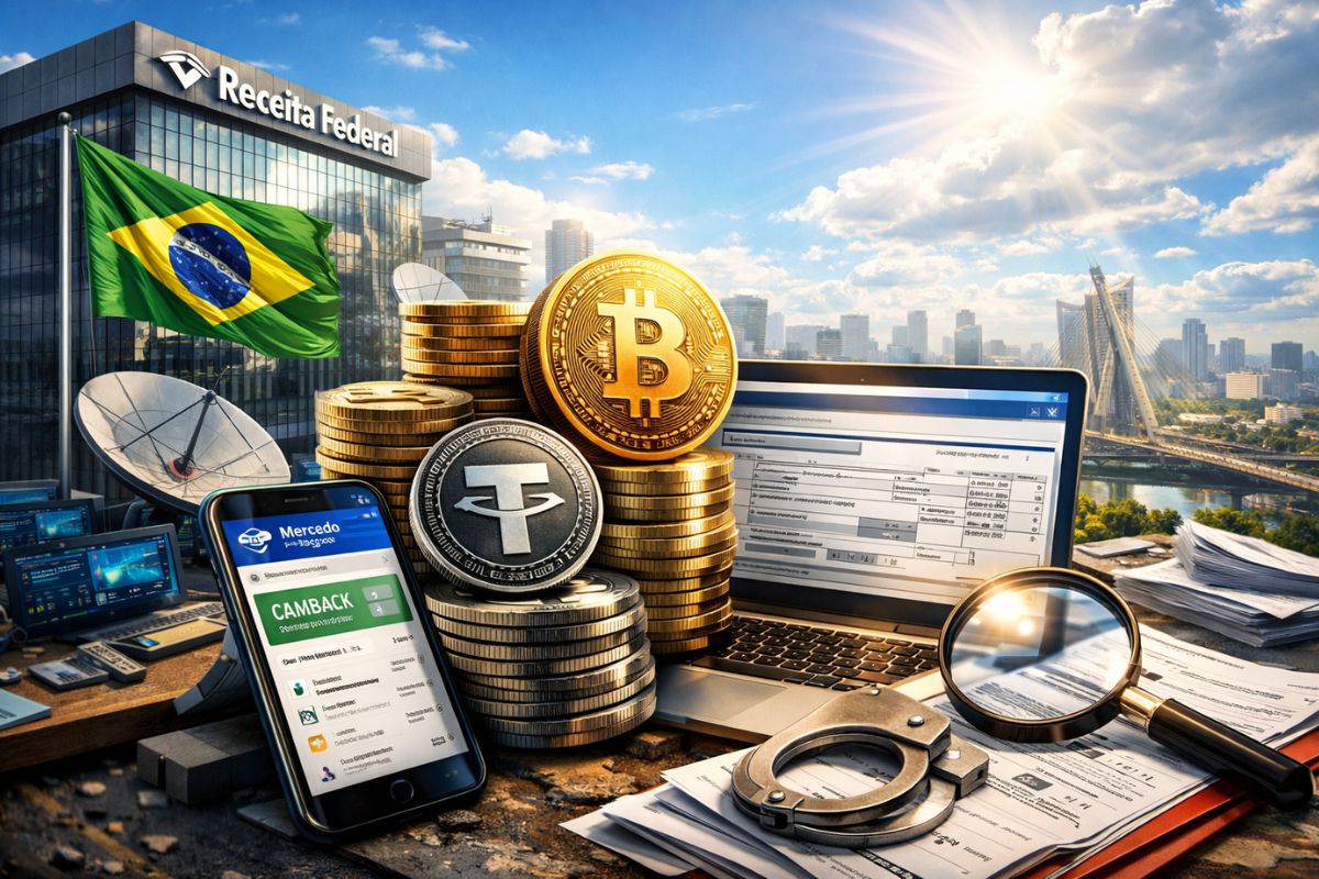 IR 2026 vai pegar quem tem cripto Receita recebe dados mensais, pré-preenchida puxa até cashback do Mercado Pago, e troca Bitcoin por USDT vira venda tributável; declare certo