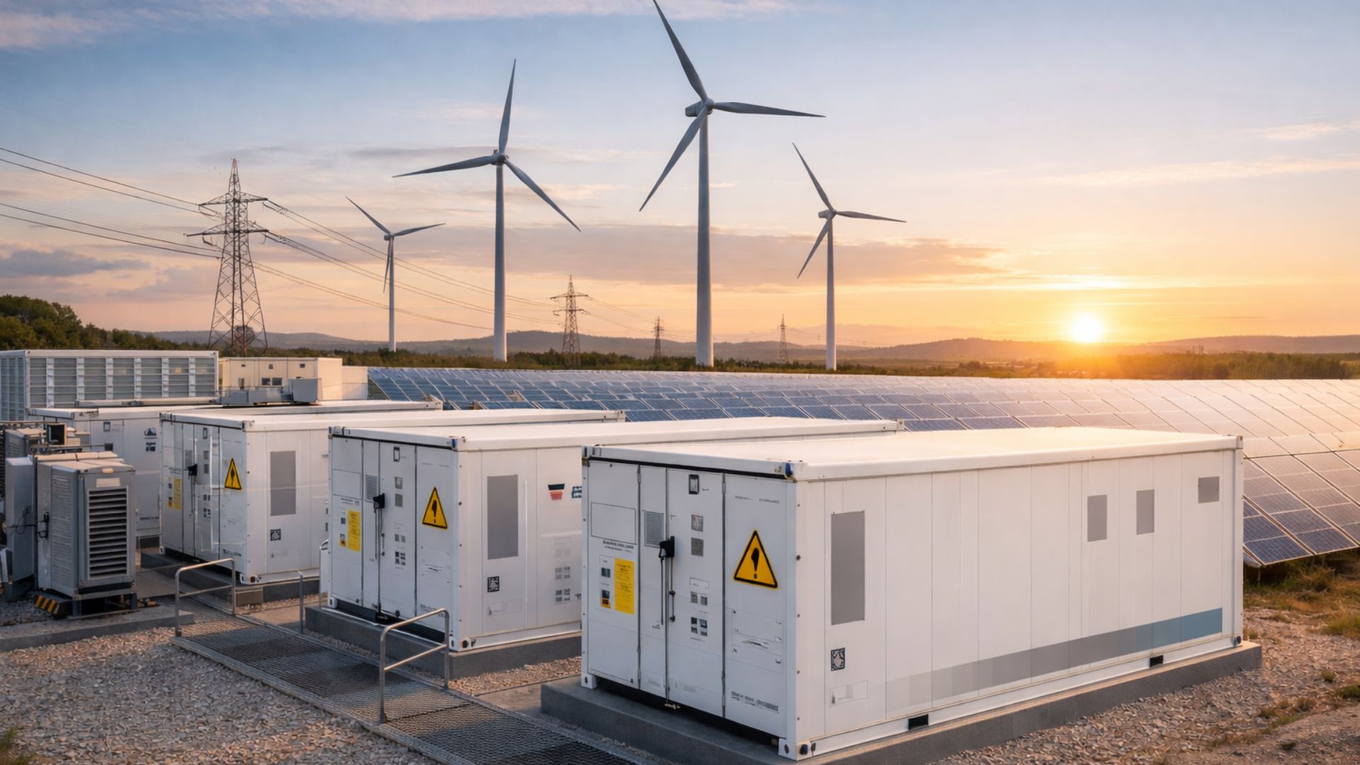 Sistema de armazenamento de energia com baterias em usina de energia renovável, com painéis solares e turbinas eólicas ao fundo durante o pôr do sol