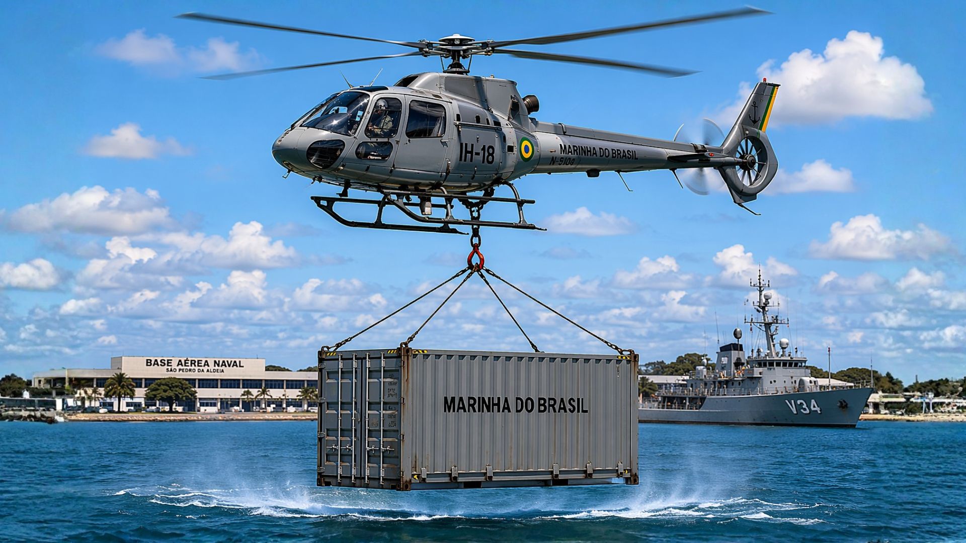 Marinha testa helicóptero IH-18 com gancho e guincho em missões VERTREP e SAR, avançando no Projeto TH-X e na modernização naval. (Imagem: ilustração/ IA)