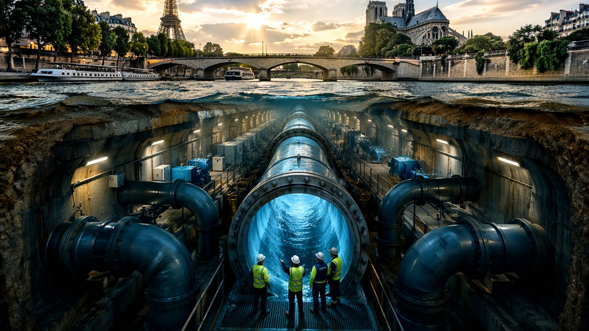 Paris usa água do rio Sena em rede de frio subterrânea para climatizar edifícios, reduzir emissões e modernizar a infraestrutura urbana.