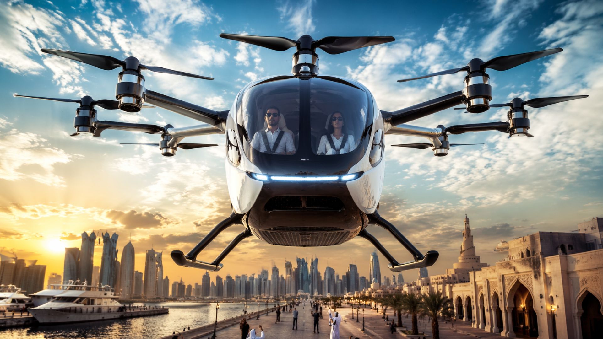 Catar testa carro voador autônomo em Doha com eVTOL de 130 km/h e alcance de 30 km, ligando porto e área cultural em poucos minutos.