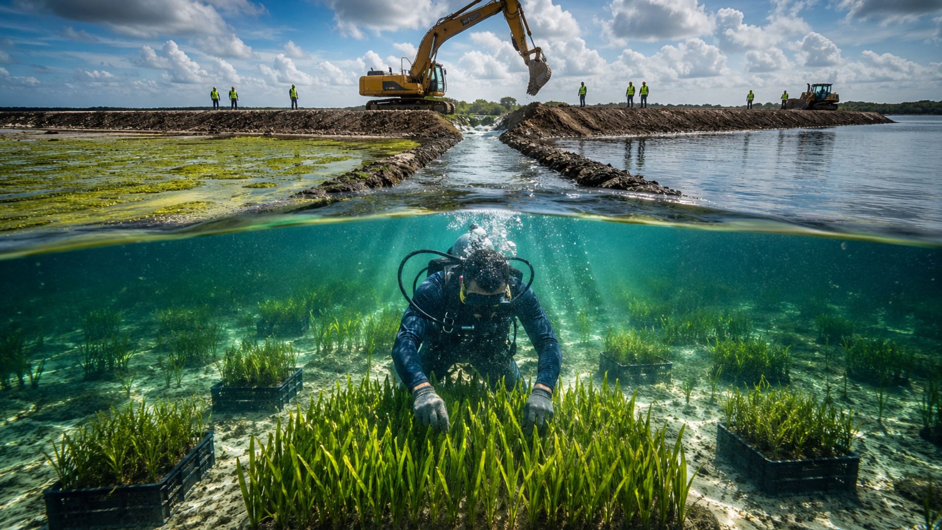 Flórida restaura lagoa histórica com plantio de erva-marinha e reconexão de áreas úmidas para melhorar água e conter enchentes.
