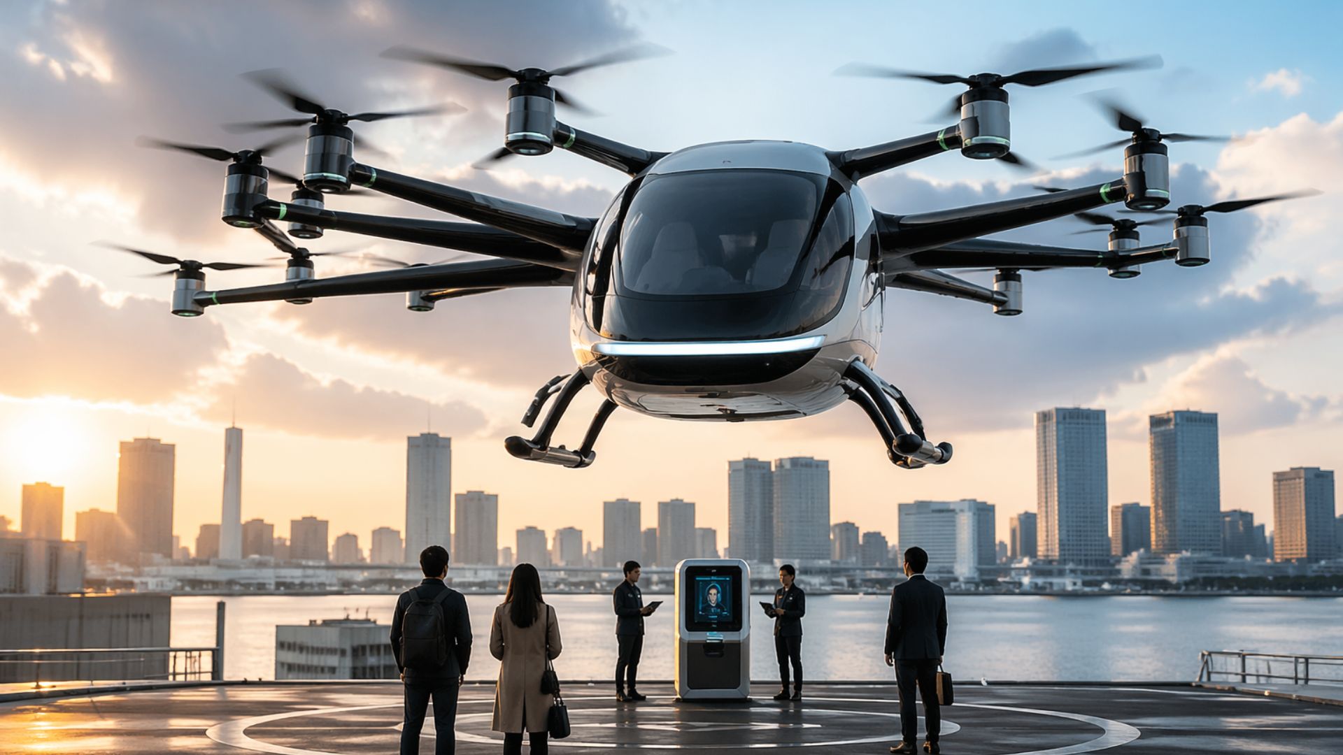 Tóquio testa carro voador com 12 rotores, embarque digital e vertiportos compactos em projeto que avança mobilidade aérea urbana.