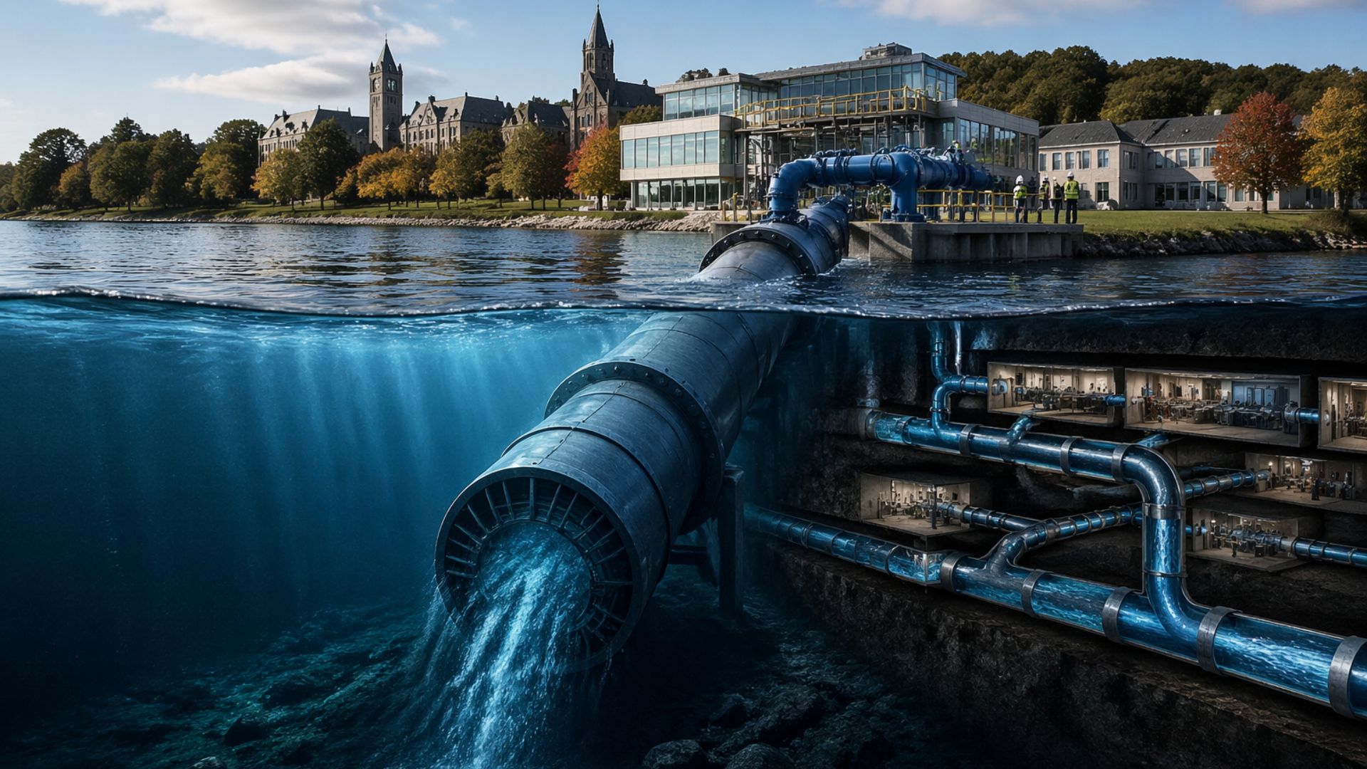 Universidade usa água gelada de lago profundo para climatizar campus com economia de energia e menor impacto ambiental.