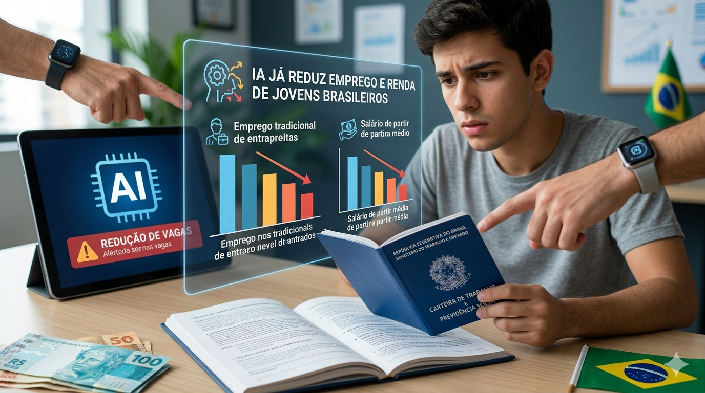 Um jovem brasileiro com expressão preocupada segura uma Carteira de Trabalho azul. À sua frente, uma interface digital exibe gráficos de queda em "Emprego" e "Renda", com um alerta em um tablet sobre a redução de vagas devido à IA.
