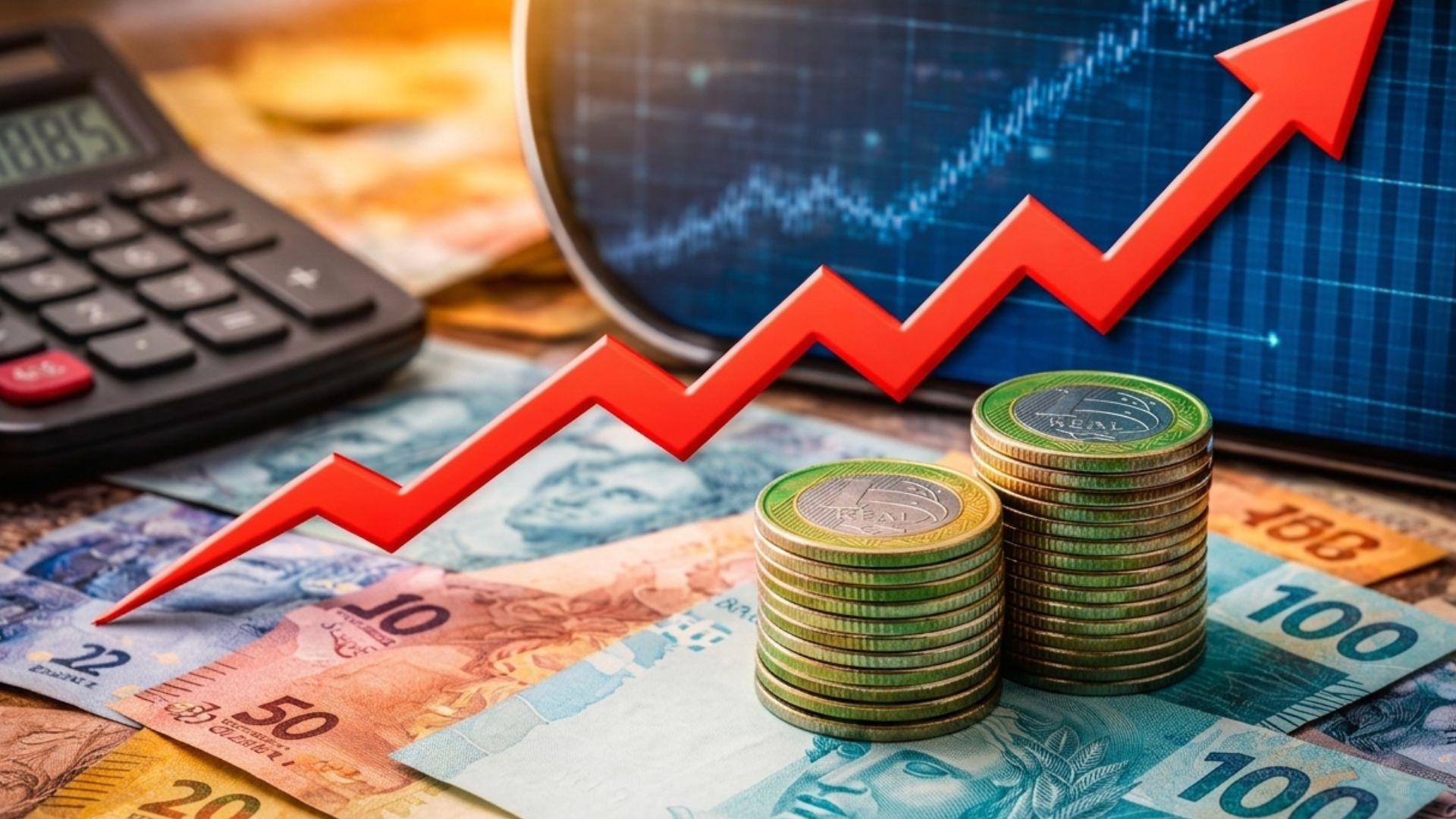 Notas de real brasileiro com moedas empilhadas e seta vermelha de alta representando aumento de preços e impacto na economia brasileira