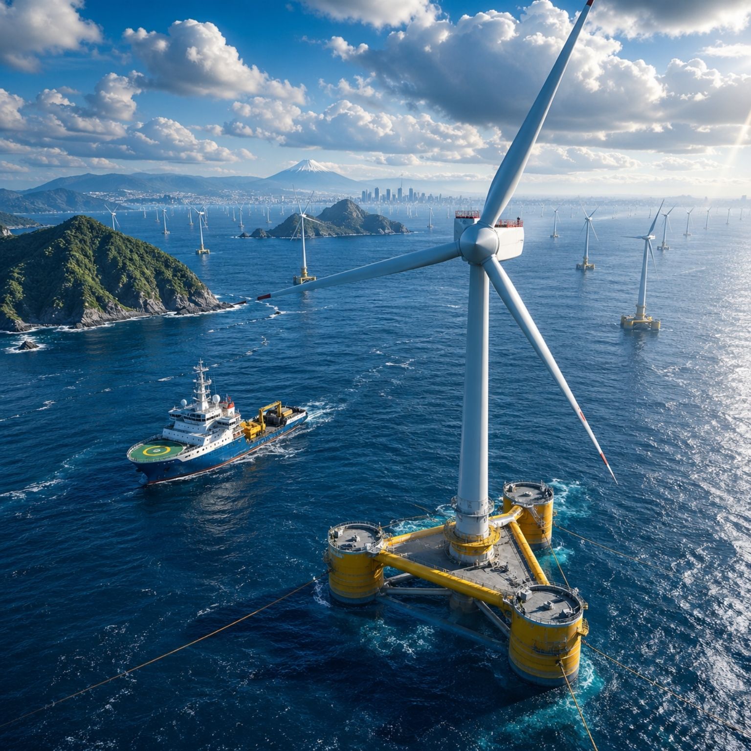 Japão quer instalar no mar o maior parque eólico flutuante do mundo, com 1 GW de potência perto das Ilhas Izu, para abastecer Tóquio até 2035 e criar uma usina no oceano quase 10 vezes
