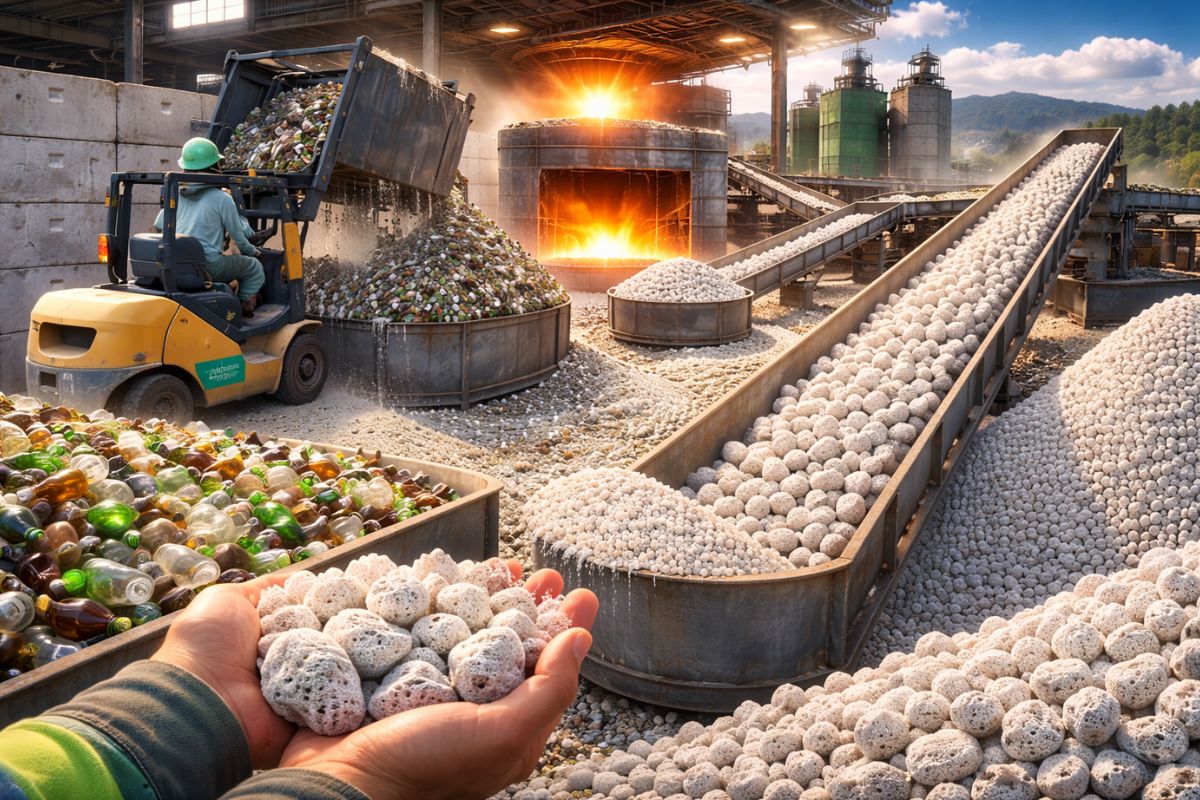 Japão transforma garrafas de vidro que iam ao lixo em “pedra-pomes” leve fábrica em Hiroshima tritura, seca, queima a 900°C e expande o Super Sol para obras, jardins e (4)