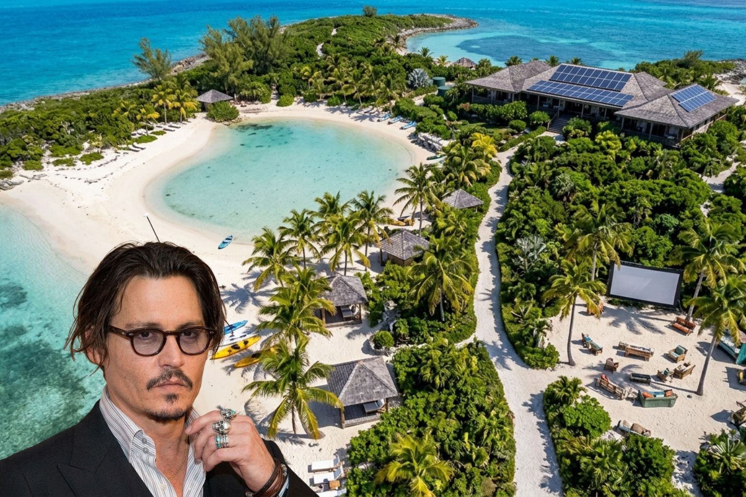 Johnny Depp comprou uma ilha de 45 acres nas Bahamas por US$ 3,6 milhões, criou seis praias com nomes pessoais, instalou energia solar e transformou o refúgio em esconderijo tropical depois de Piratas do Caribe