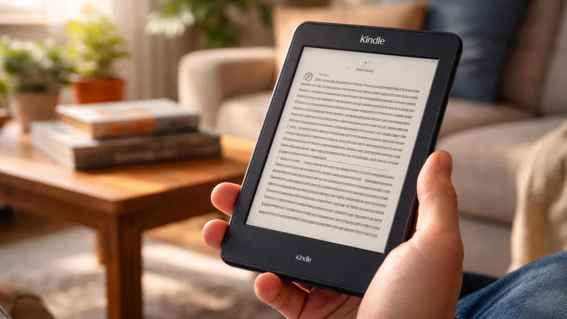 Pessoa segurando um Kindle em uma sala de estar, lendo livro digital em dispositivo da Amazon com ambiente doméstico ao fundo