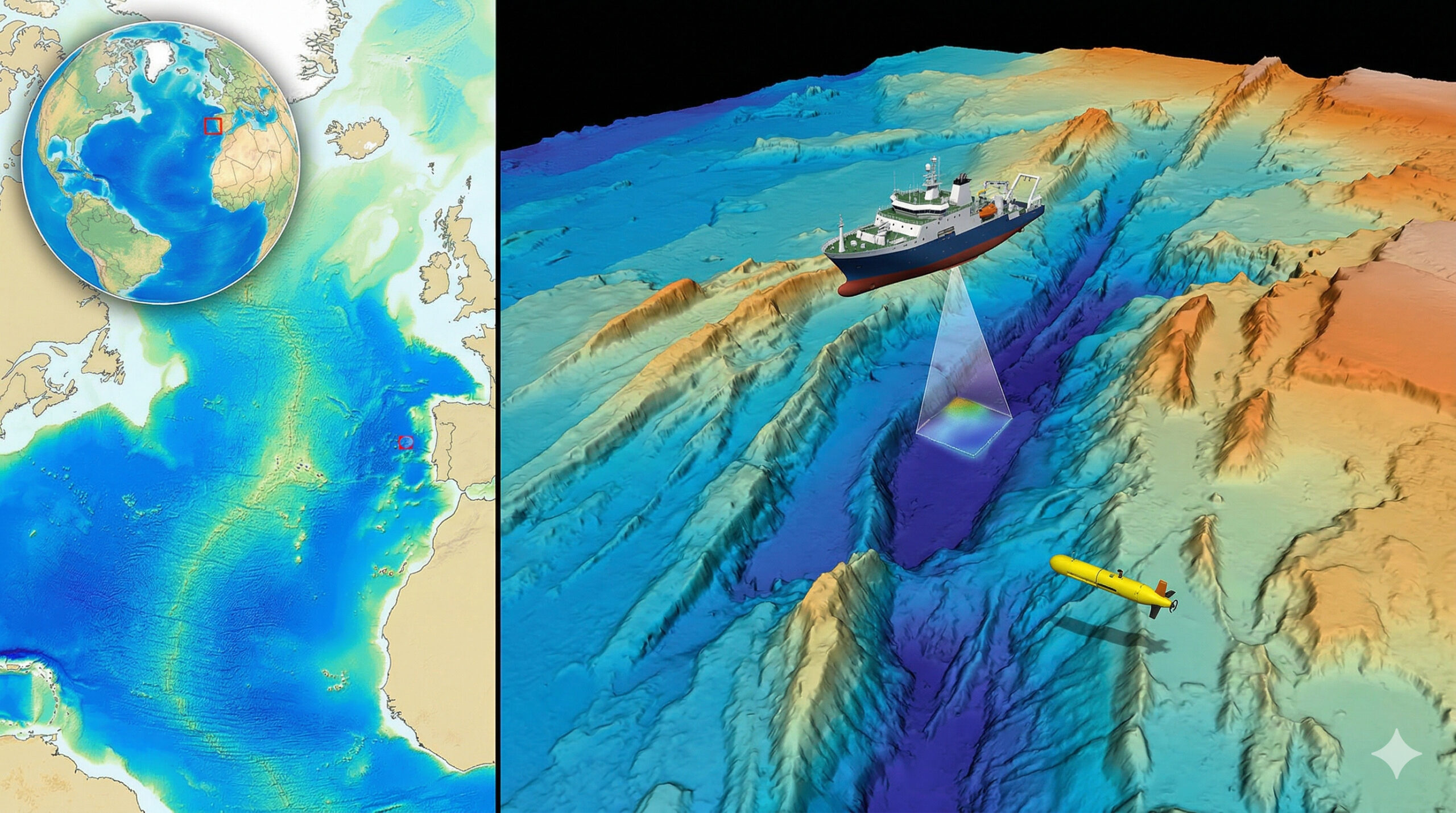 Sonar e mapeamentos geológicos revelaram, a 1.000 km de Portugal, um sistema submarino de 500 km que rivaliza com o Grand Canyon, com cânions profundos e vales esculpidos no fundo do Atlântico, formado há 37 milhões de anos, quando placas tectônicas rasgaram o oceano como um "zíper" durante a separação entre África e Europa