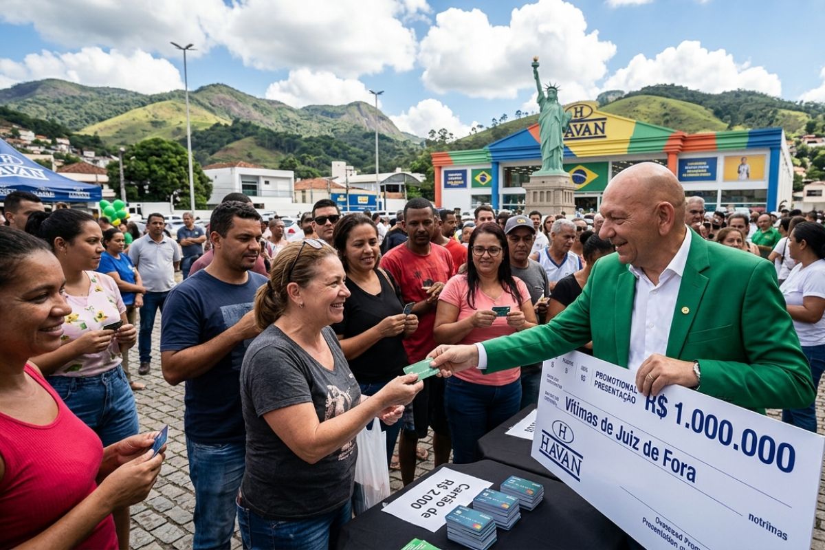 Luciano Hang, dono da Havan, vai a Juiz de Fora após tragédia de fevereiro, leva R$ 1 milhão, entrega cartões de R$ 2.000 e doa até R$ 15.000 a vítimas da região