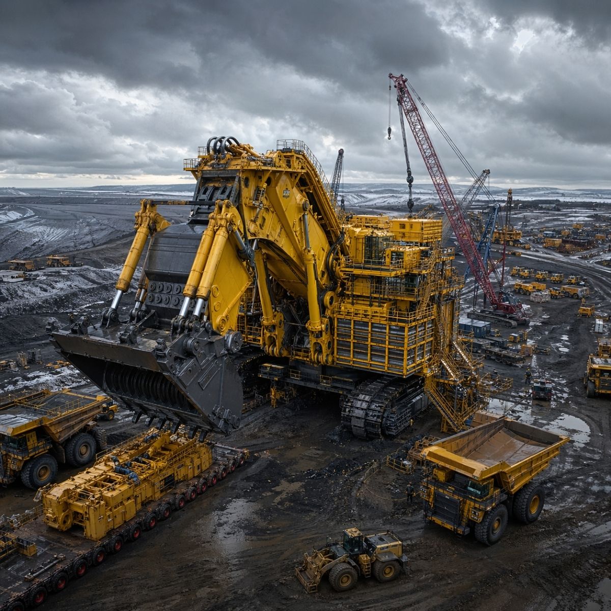 A maior escavadeira de mineração da Komatsu, a PC9000, cruzou da Alemanha ao Canadá por rio, mar e estrada e levou 6 semanas para ser montada nas areias betuminosas.