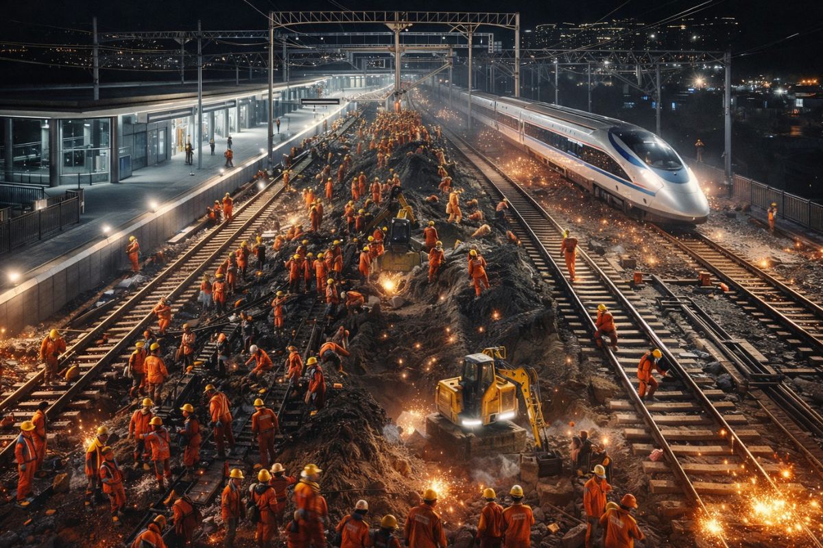1.500 trabalhadores chineses transformaram uma estação ferroviária em uma noite e conectaram alta velocidade de 200 km/h em Longyan. Emissões de carbono caem. Veja.