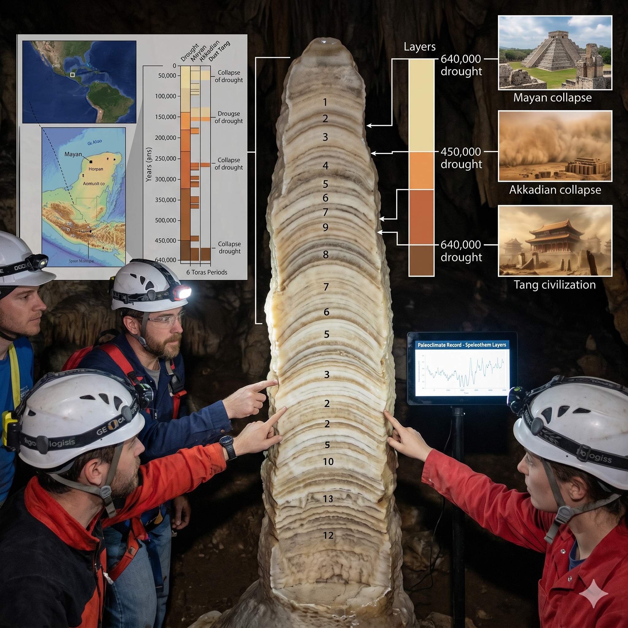 Mais de 20 geólogos analisaram formações de cavernas na China, no Brasil e no Oriente Médio com até 640 mil anos e descobriram que secas de 50 a 200 anos coincidiram com o colapso de civilizações como maias, acádios e a dinastia Tang, registradas camada por camada nas estalactites muito antes de qualquer registro histórico