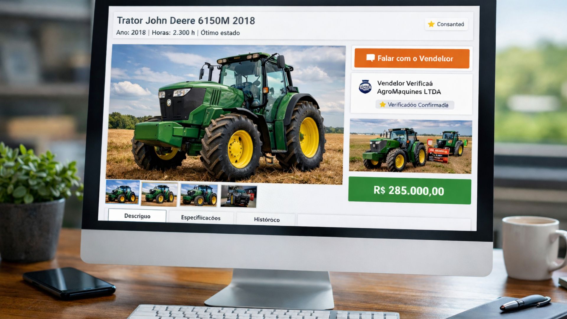 Computador exibindo anúncio digital de máquina agrícola à venda em plataforma online, destacando uso de tecnologia para facilitar negociações no agronegócio