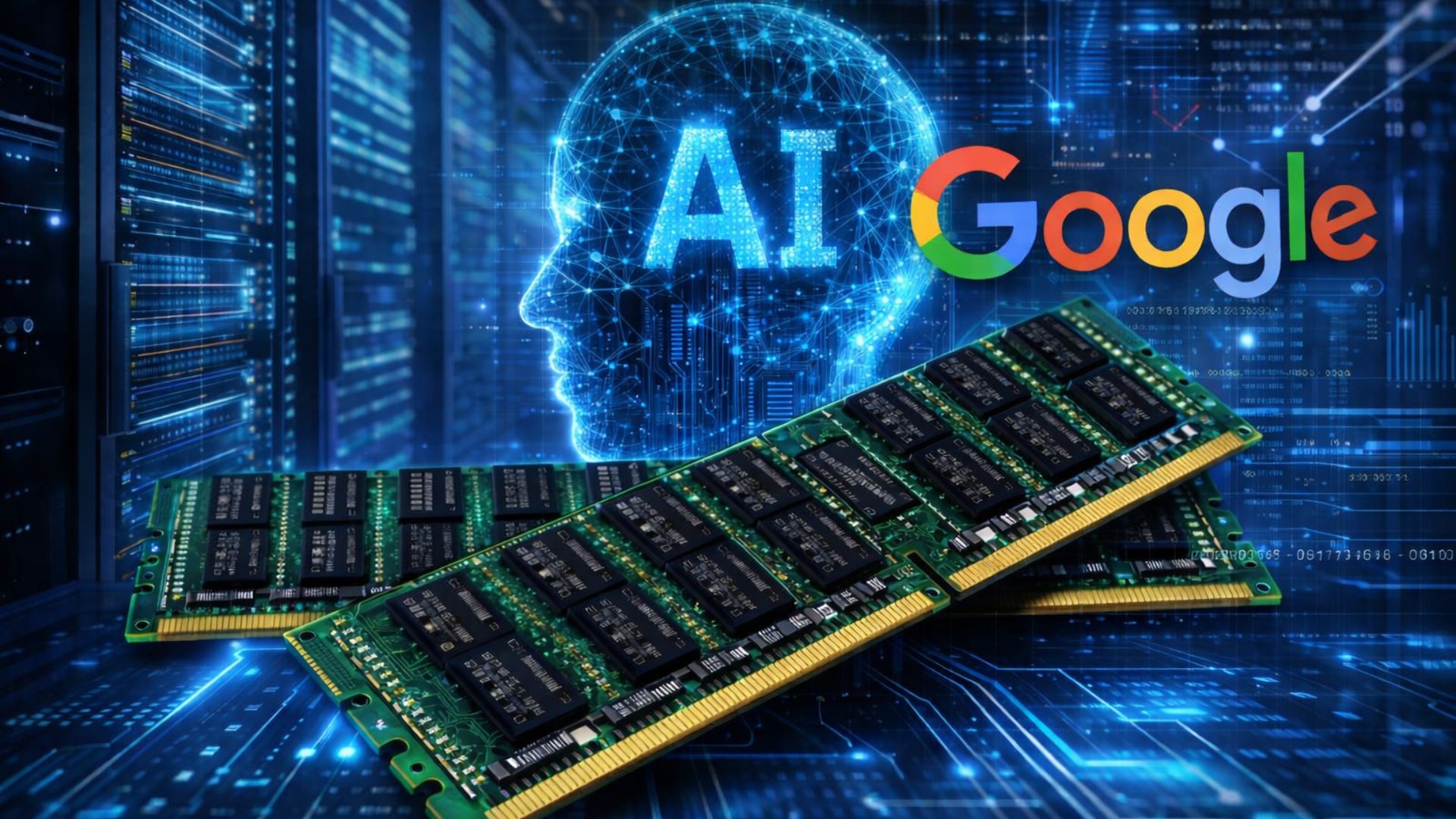 Pentes de memória RAM em destaque com fundo de data center e representação visual de inteligência artificial ao lado do logotipo do Google