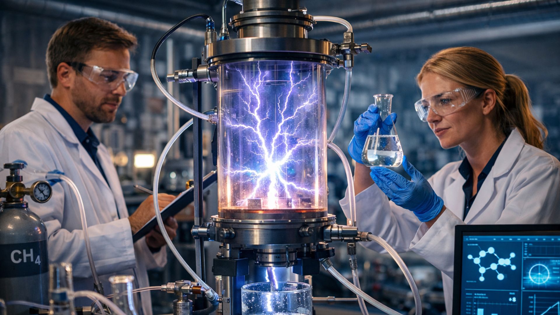 Cientistas utilizam raios artificiais em reator de plasma para transformar gás natural em metanol em laboratório de alta tecnologia
