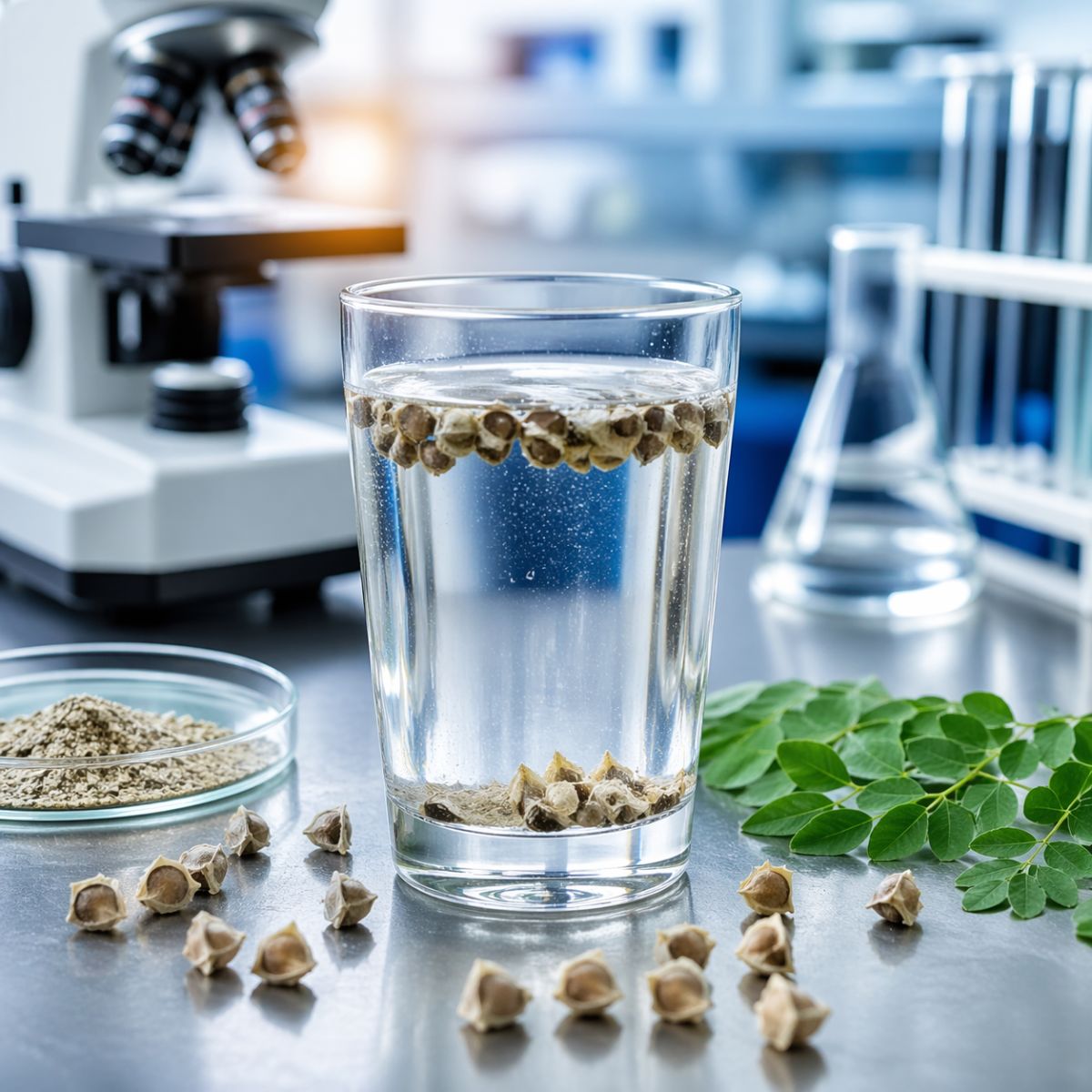 Copo de água em laboratório com sementes de moringa sendo testadas para remoção de microplásticos