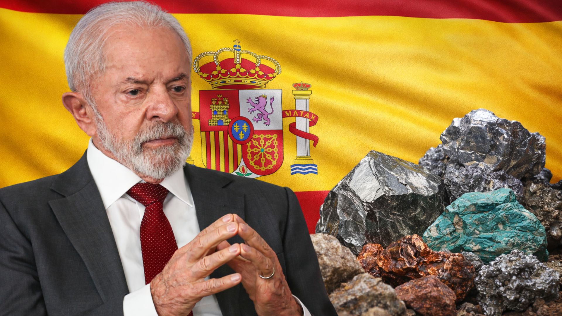 Presidente Lula ao lado de minerais críticos com bandeira da Espanha ao fundo representando acordo estratégico entre Brasil e Espanha para cooperação e investimentos no setor mineral