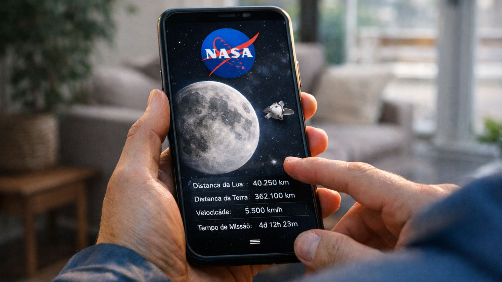 Pessoa utilizando aplicativo da NASA no celular para acompanhar a posição da Missão Artemis II em tempo real com dados da nave próximos à Lua