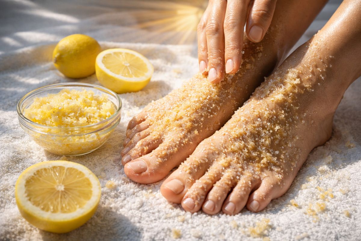 A mistura caseira de açúcar e limão esfolia os pés, mas dermatologistas alertam: usar durante o dia pode causar manchas na pele. Saiba o horário certo.