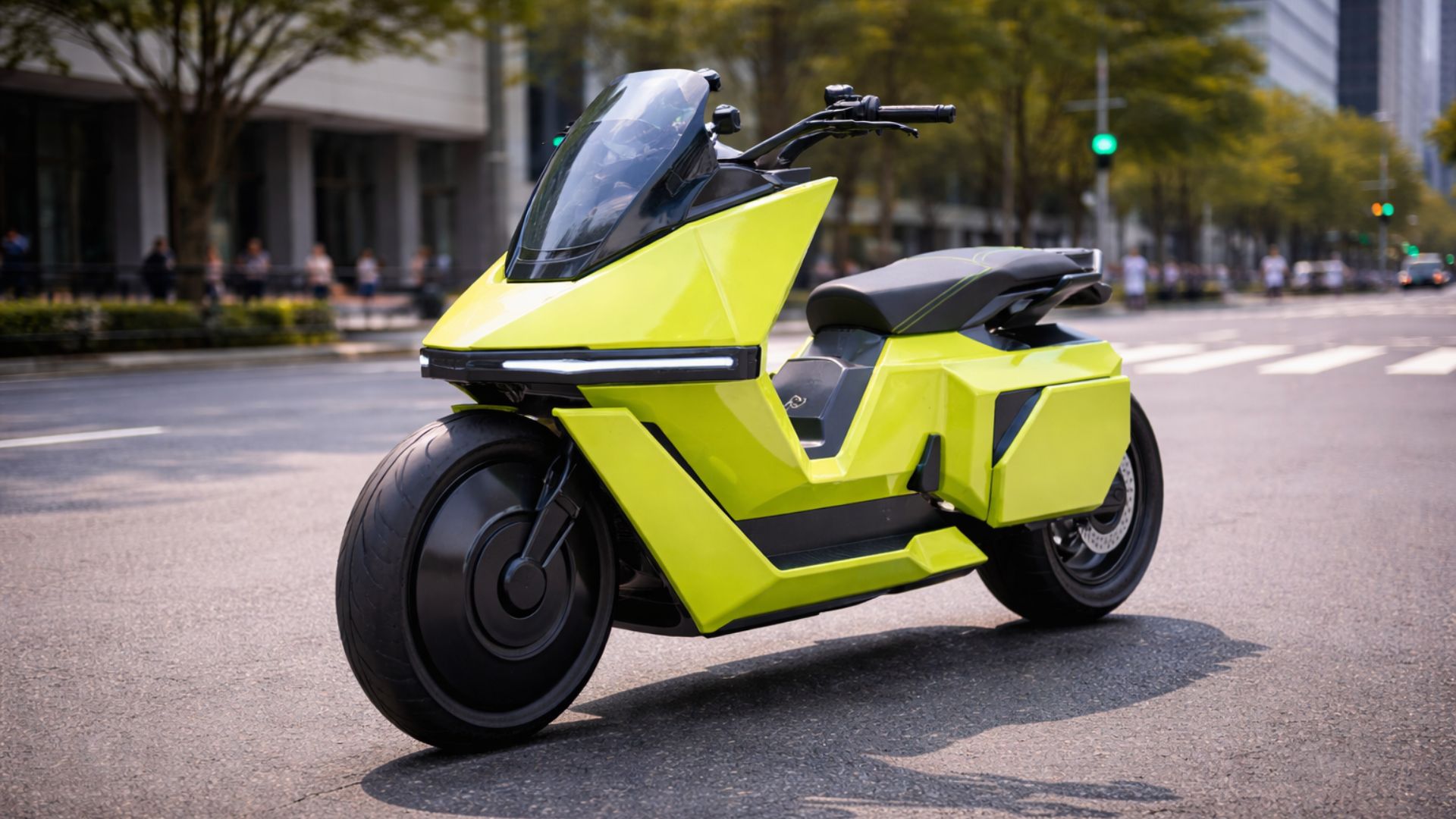 Moto elétrica autoequilibrada Omo X da Omoway parada em pé sem apoio em rua urbana, destacando tecnologia que evita quedas