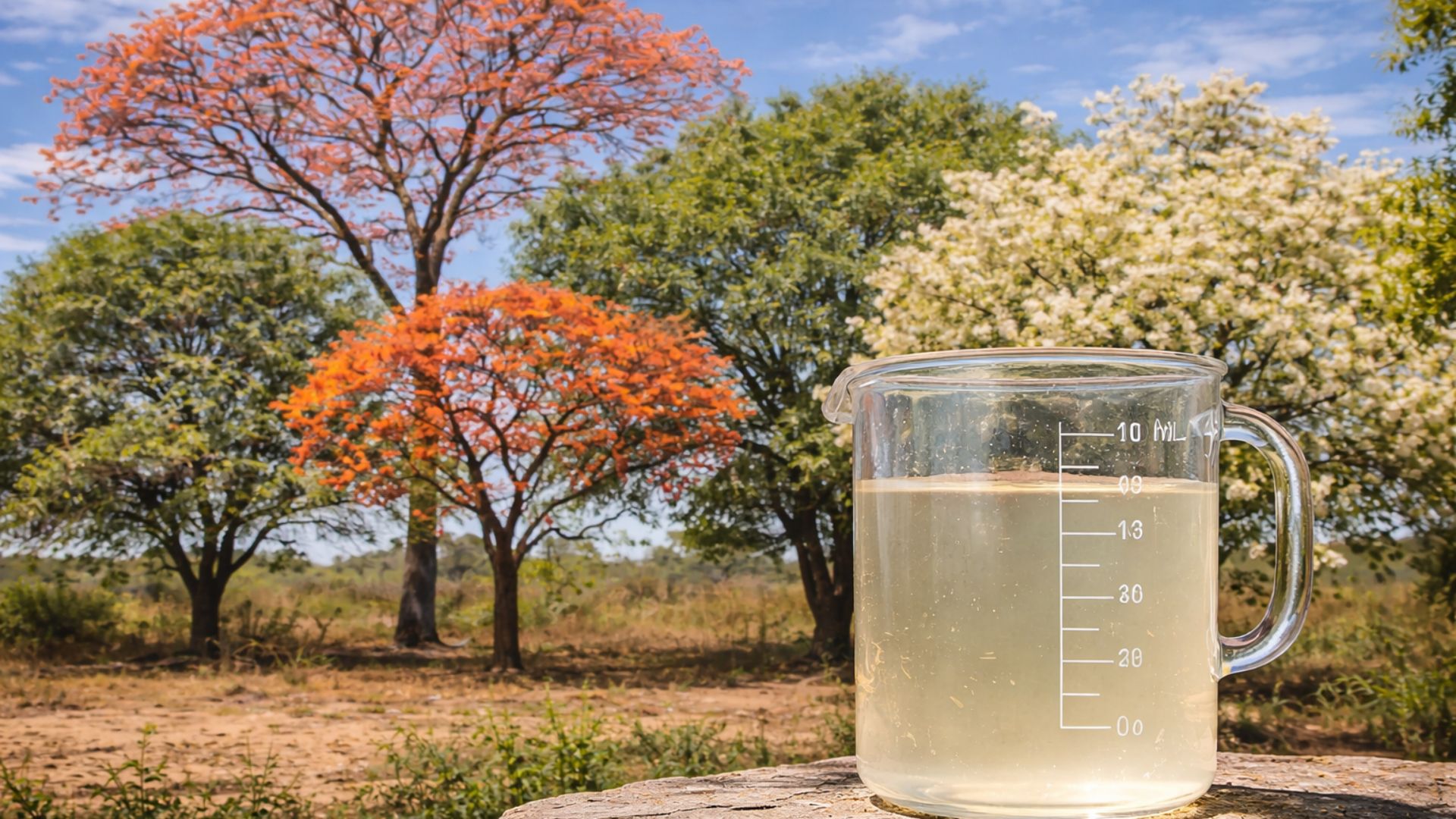 Recipiente com água salobra em primeiro plano e árvores nativas da caatinga ao fundo, representando pesquisa da Embrapa sobre produção de mudas resistentes no semiárido