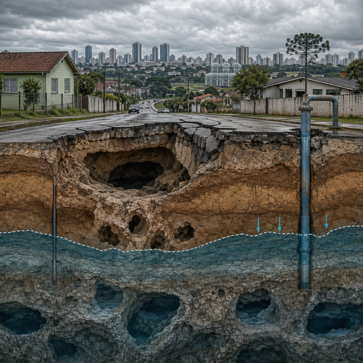 Região de Curitiba enfrenta risco geológico silencioso com cavidades no subsolo, colapsos de terreno e impacto do bombeamento de aquíferos.