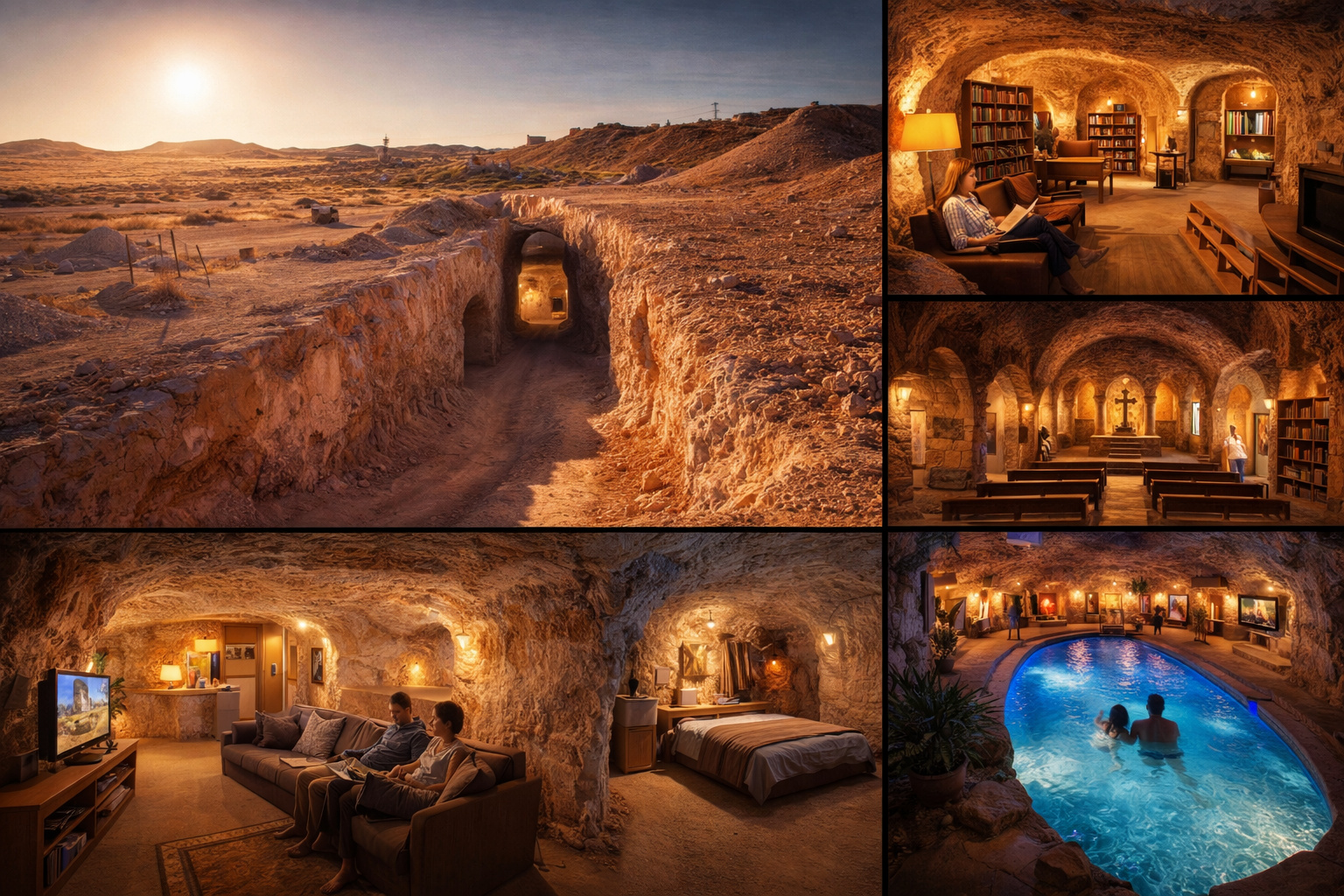 Na Austrália, uma cidade inteira foi construída debaixo da terra porque o calor na superfície passa de 50°C. Em Coober Pedy, a maioria dos moradores vive em casas escavadas dentro de minas de opala abandonadas, com igrejas, livrarias, galerias de arte e até piscinas subterrâneas