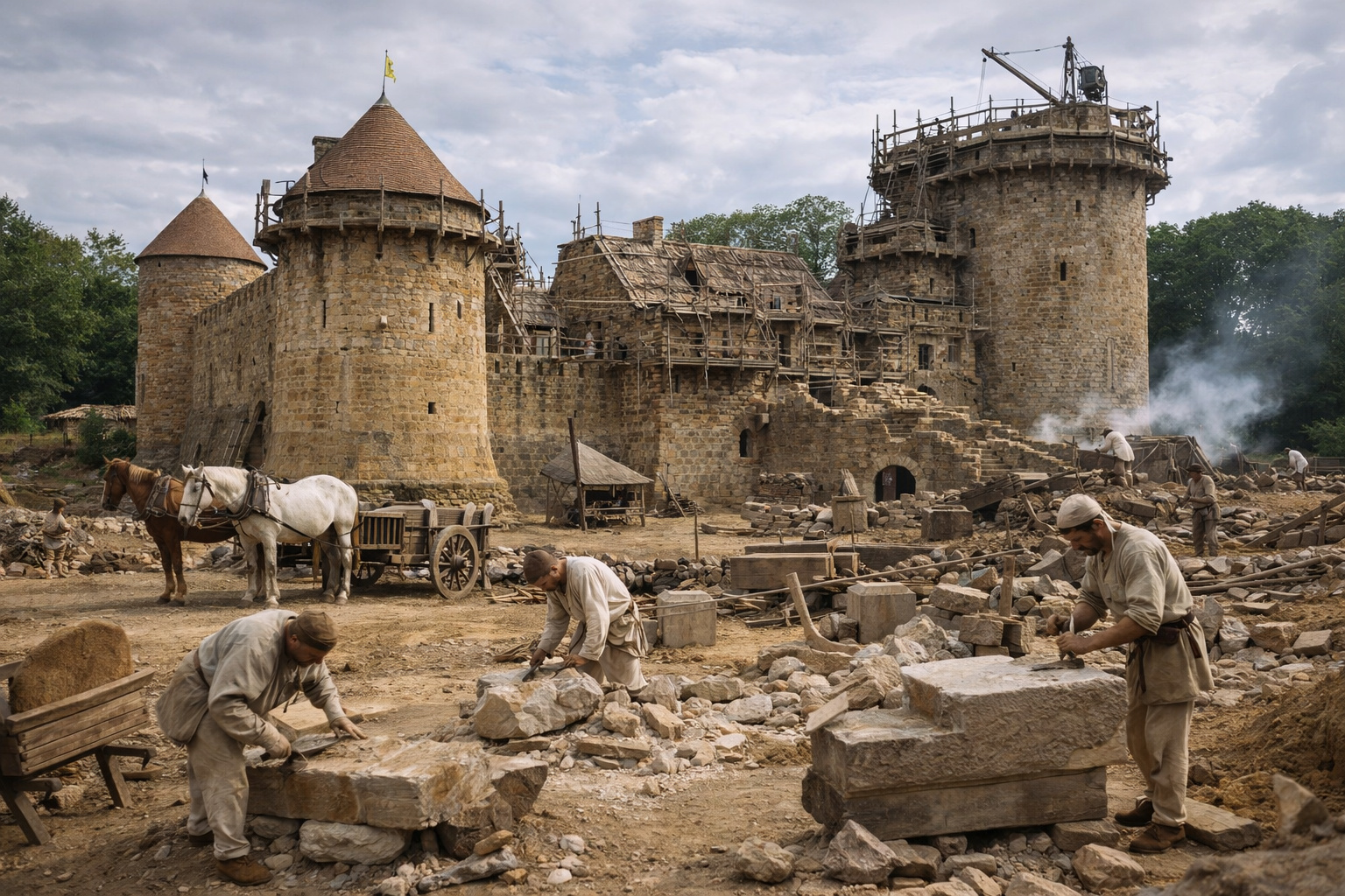 Na França, um grupo de artesãos passa 28 anos construindo um castelo medieval com ferramentas do século XIII, sem máquinas, sem metros e com pegada de carbono quase zero, e as técnicas redescobertas ajudaram na reconstrução da Notre-Dame