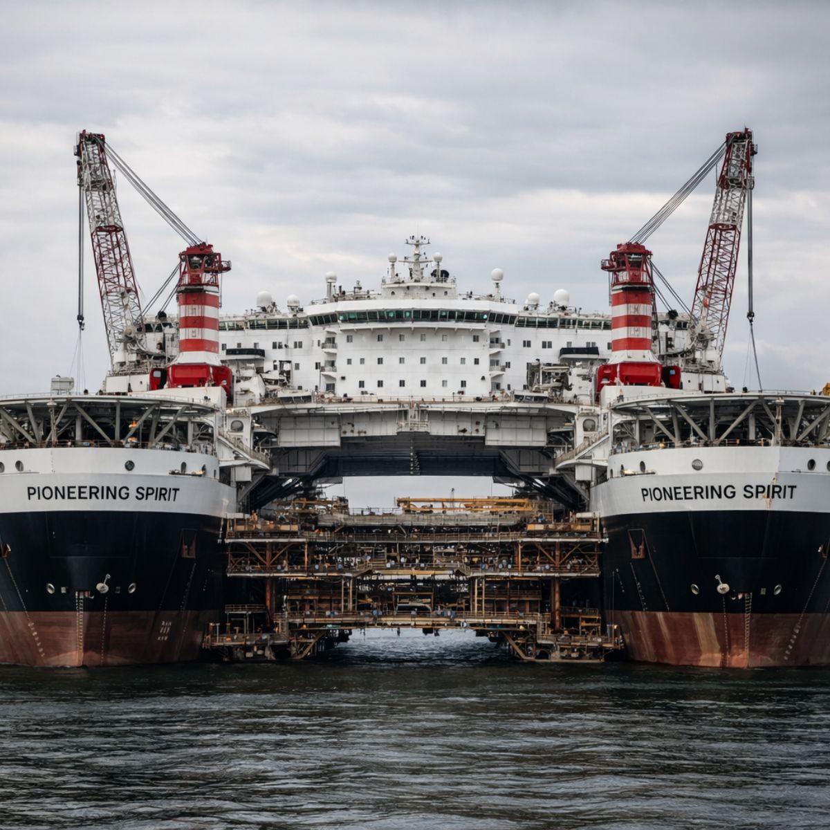 O navio Pioneering Spirit custou US$ 3 bilhões e arranca plataformas inteiras do Mar do Norte em segundos. A Allseas construiu a embarcação mais capaz do planeta.