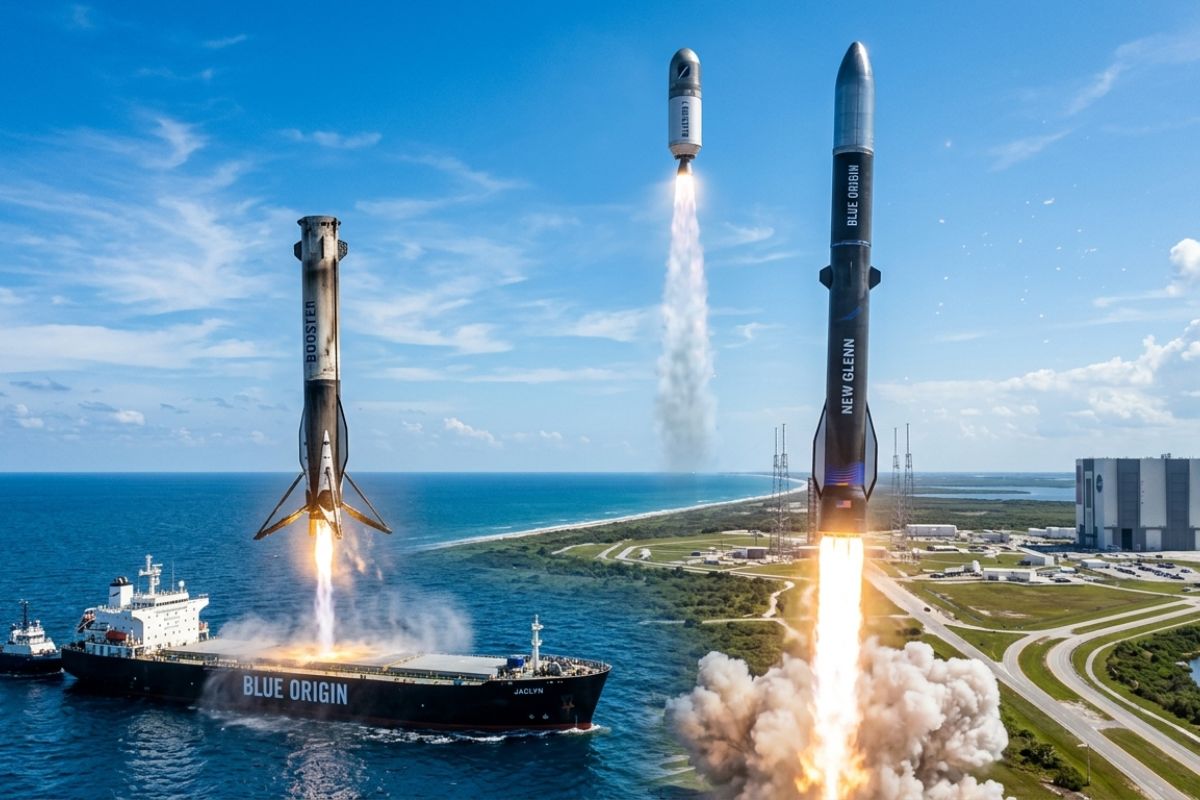 New Glenn decola, cruza o Max Q e faz pouso do booster na plataforma Jaclyn enquanto o segundo estágio segue para entregar o satélite Bluebird 7