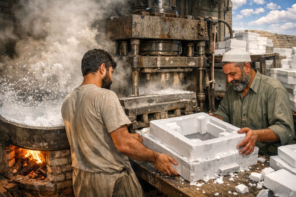 No Paquistão, homens fabricam isopor de embalagem como se fosse século passado forno a lenha gera vapor, bolinhas de poliestireno expandem, prensas hidráulicas antigas moldam (3)
