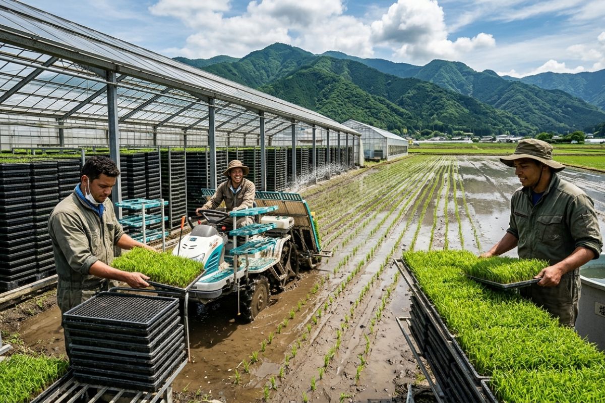 No interior de Shizuoka, irmãos brasileiros viram agricultores e revelam o segredo do arroz japonês salmoura seleciona sementes, radícula define o ponto, 4.000 bandejas lotam estufas (3)