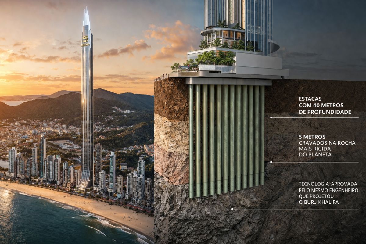 A fundação do Senna Tower usa estacas inéditas de 40m cravadas na rocha e uma megafuradeira de R$ 50 milhões, com a equipe do Burj Khalifa.