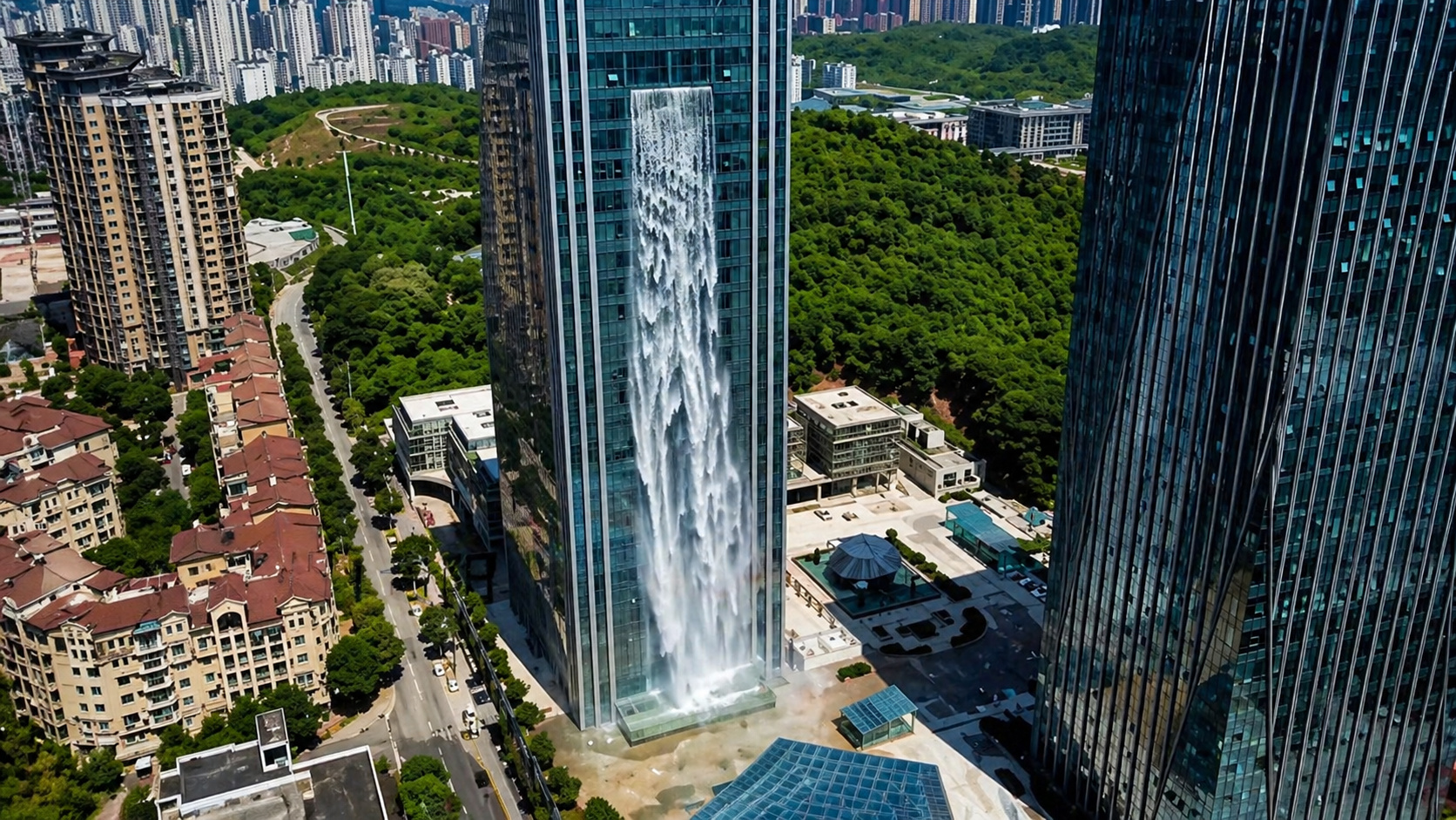 O prédio de 121 metros na China que criou uma das maiores cachoeiras urbanas do mundo ocupa quase toda a fachada com água em queda livre