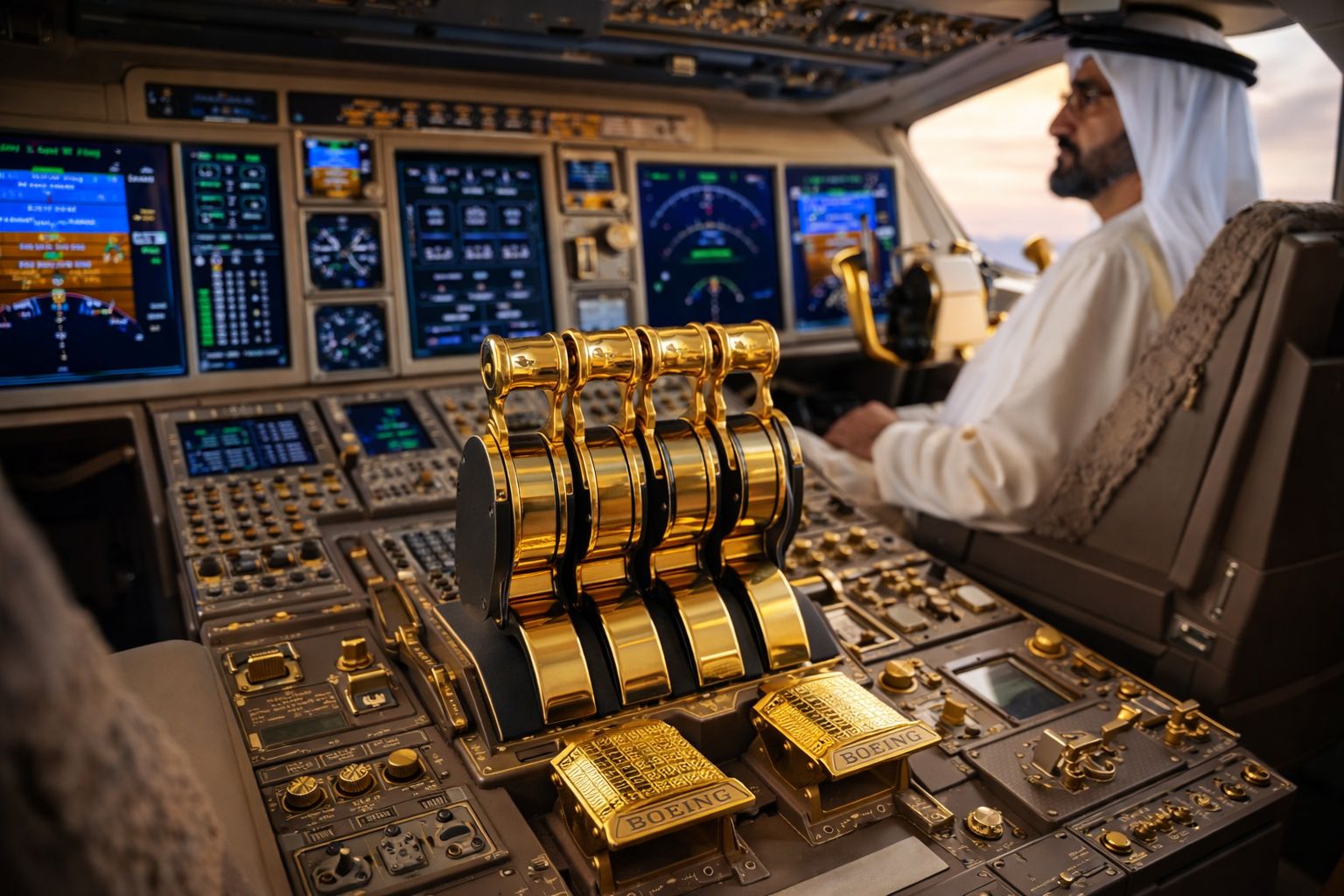 O emir de Dubai revestiu em ouro até os controles dos pilotos de seu Boeing 747 com suíte, chuveiro e sala para 26 pessoas. Veja por dentro.