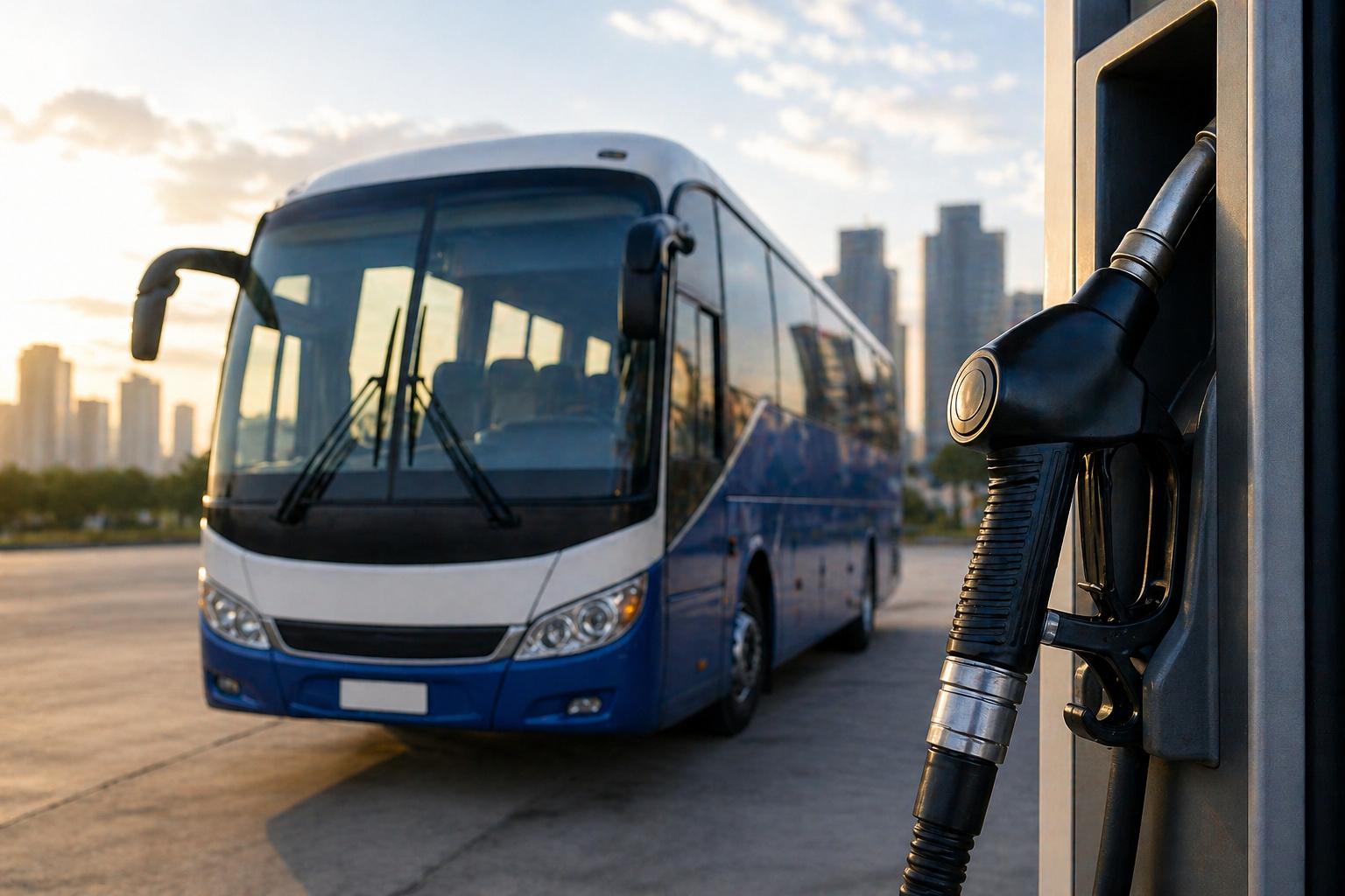 Ônibus abastecendo com diesel em posto urbano ao pôr do sol