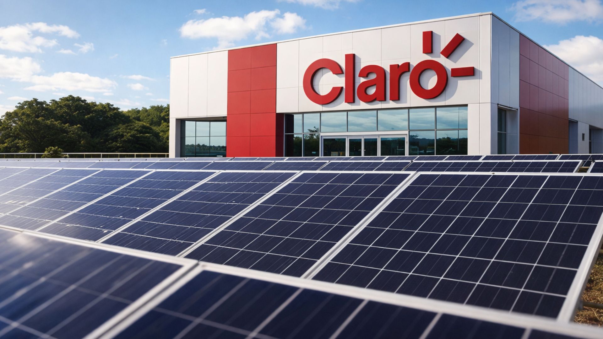 Unidade da Operadora Claro com logotipo na fachada e painéis solares em destaque na frente, representando uso de energia limpa e sustentabilidade no Brasil
