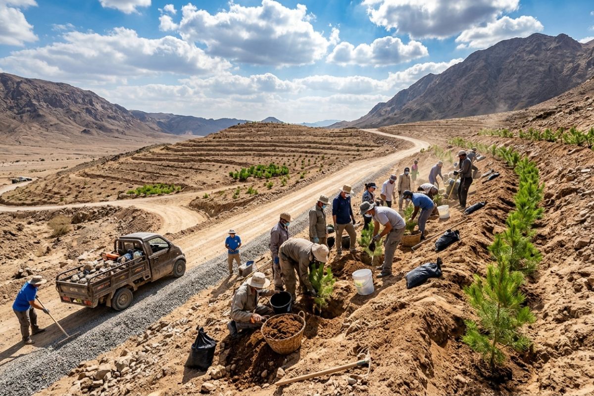 Para transformar deserto em floresta, dono prepara estrada, cascalho e rampas para 12 voluntários; mini caminhão chinês leva pedras, enquanto 50 pinheiros afegãos (3)
