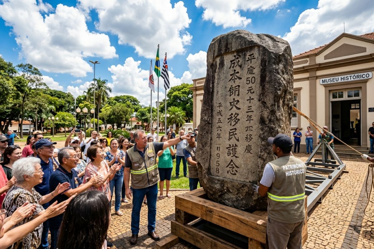 Pedra de 400 kg com inscrição japonesa some por mais de 45 anos e reaparece em Adamantina monumento de 1958 pelos 50 anos da imigração vai para o museu